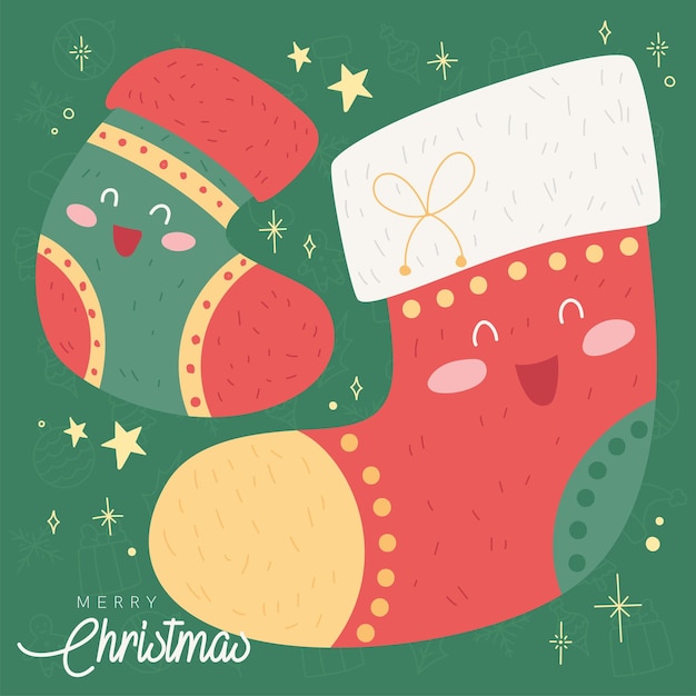 Pair of christmas socks cartoon kawaii Merry christmas gretting card Vector