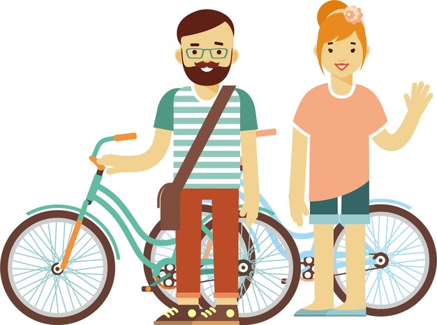 Vector pair couple of young man and woman hipsters cyclists in casual clothes standing with bicycle bike