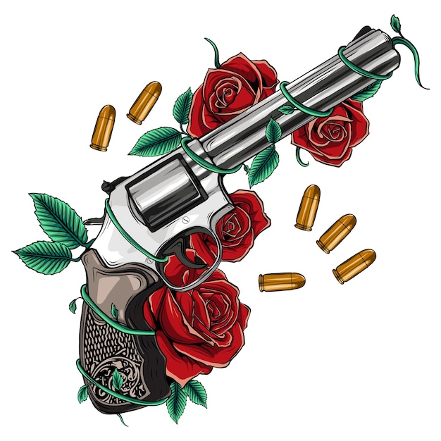 Vector pair of crossed guns and rose flowers drawn in tattoo style illustration