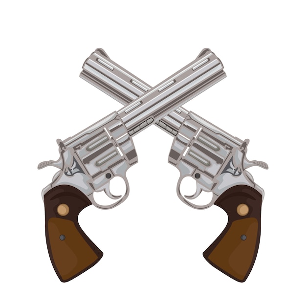 A pair of crossed pistol guns in a vintage illustrations of retro weapons