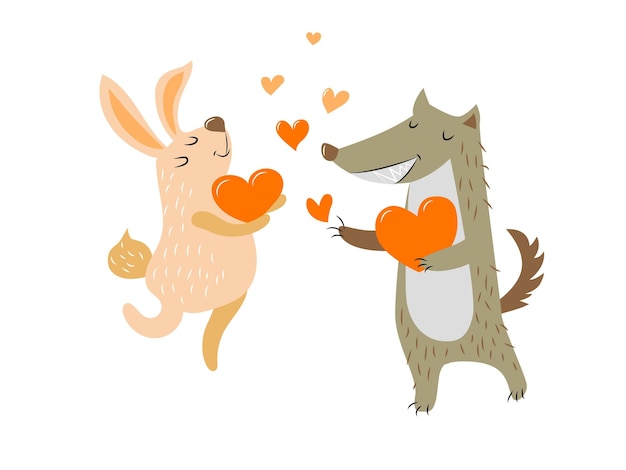 Una coppia di simpatici animaletti danzanti innamorati una lepre e un lupo che tengono tra le zampe un cuore