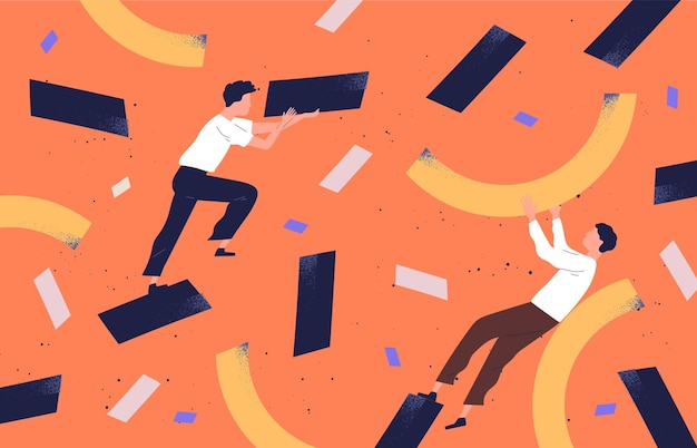 pair of cute funny men collecting scattered abstract geometric shapes and organizing them. people holding rectangles and curves. colorful vector illustration in contemporary flat cartoon style.