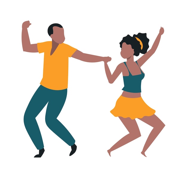 Pair of dancers Cheerful man and woman dancing together Young people at party or festival Happy couple celebrate holiday or carnival music event Vector disco isolated illustration