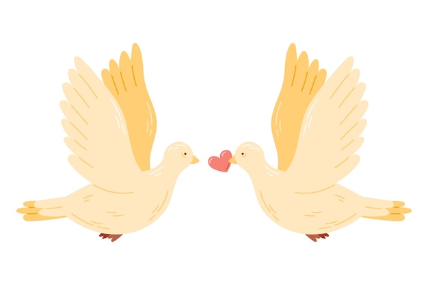 A pair of doves in love holding a heart in its beak Vector isolated cartoon illustration