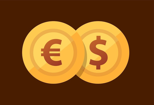 フラット スタイルの黄金のコインとペア ユーロ ドル ベクトル アイコン