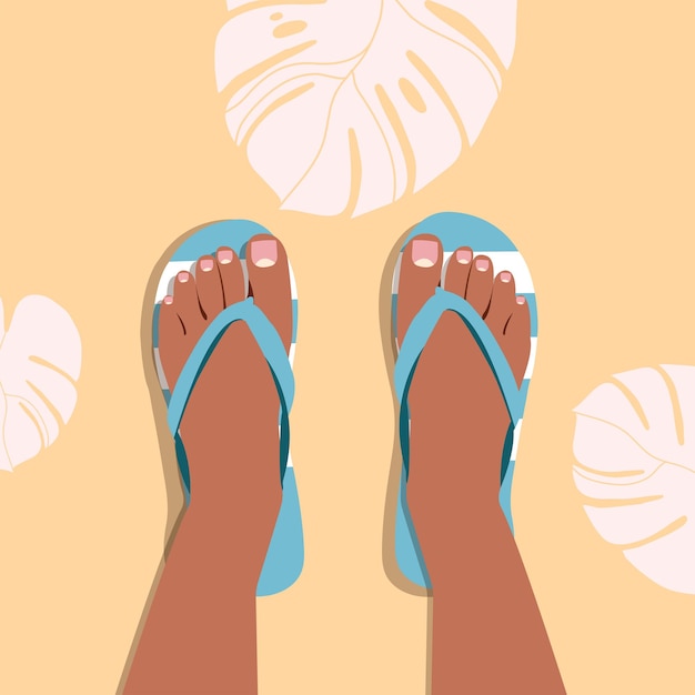 A pair of female legs with a pedicure in beach slippers. Beach shoes. Color slippers. Female stands
