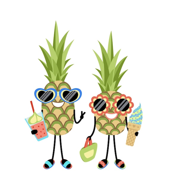 Пара забавных персонажей ананасов в отпуске с солнцезащитными очками Мультяшный плоский вектор