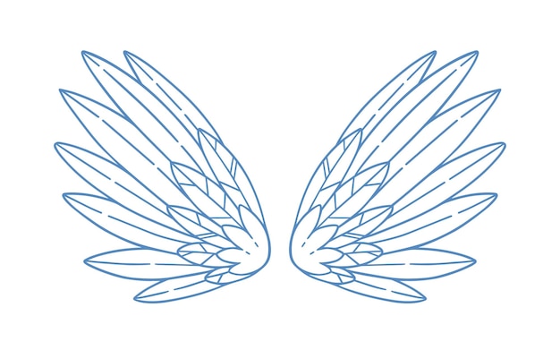 Pair of gorgeous monochrome wide open angel wings with feathers. Beautiful attribute of cupid, bird or holy character vector illustration. Elegant symbol of love isolated on white.