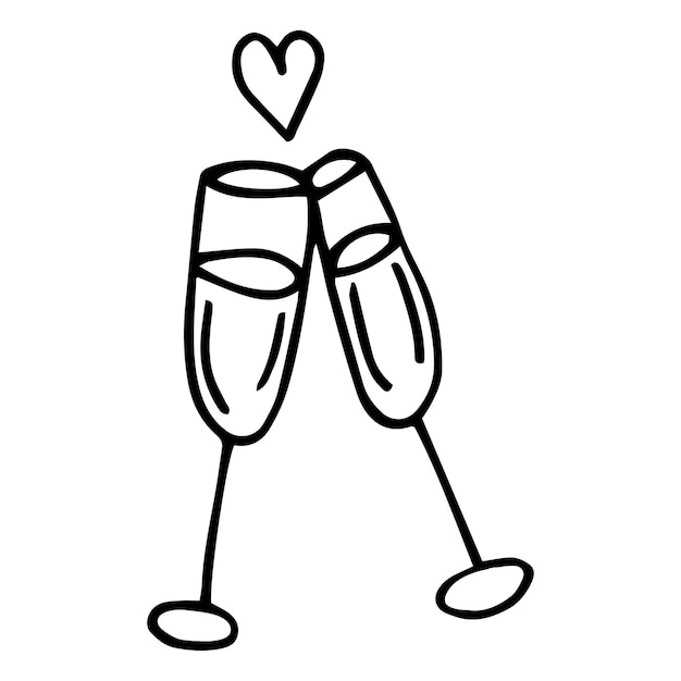 Un paio di bicchieri di champagne disegnati a mano per compleanno, capodanno, natale, matrimonio, fidanzamento.