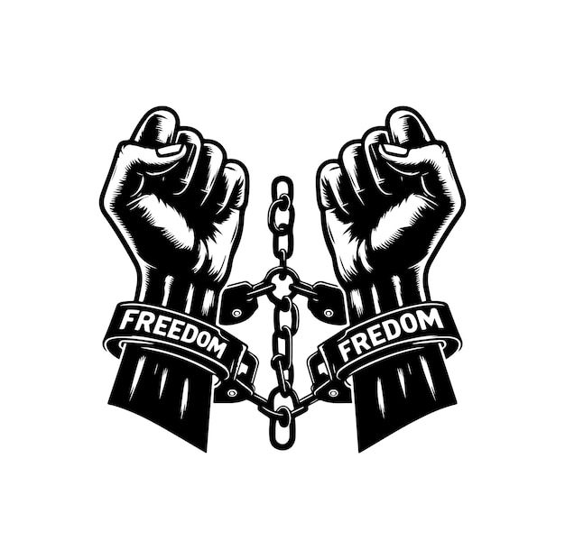 Vector a pair of hands chained to a chain with the text words freedom a pair of hand in handcuff hand