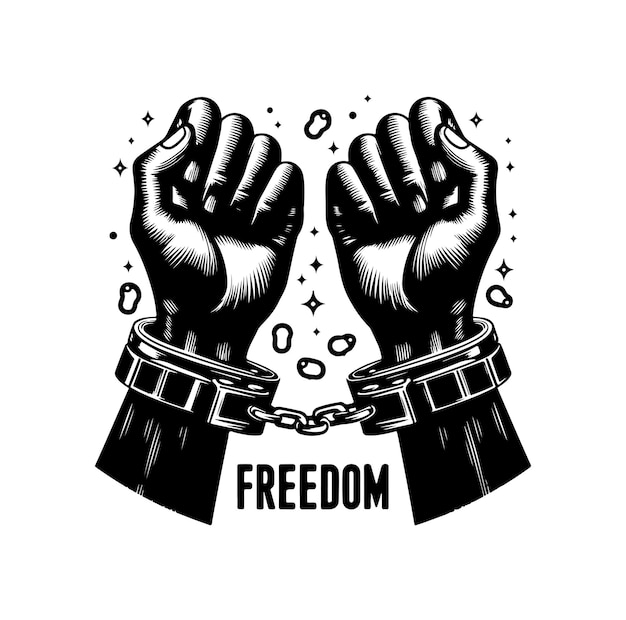 Vector a pair of hands chained to a chain with the text words freedom a pair of hand in handcuff hand