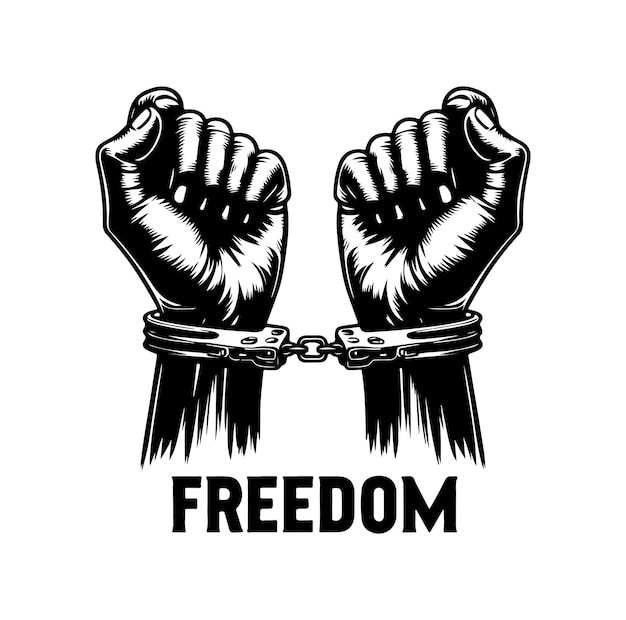 Vector a pair of hands chained to a chain with the text words freedom a pair of hand in handcuff hand