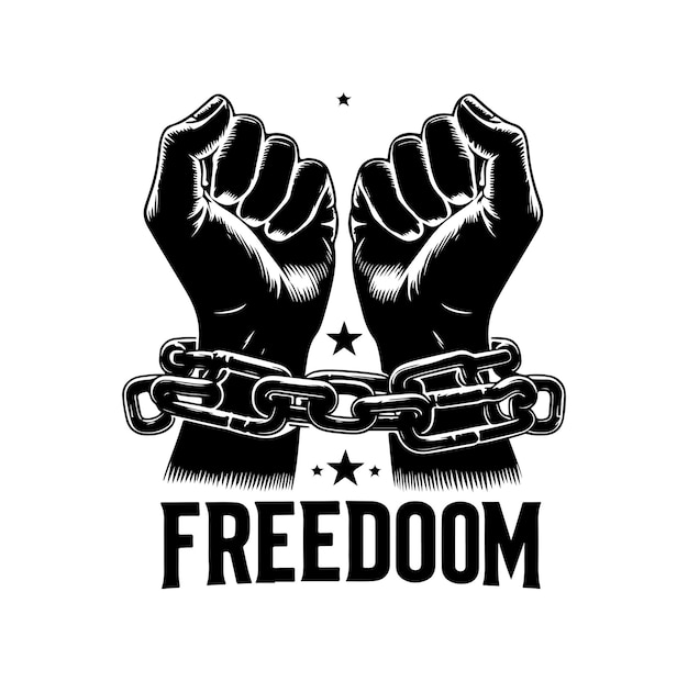 Vector a pair of hands chained to a chain with the text words freedom a pair of hand in handcuff vector