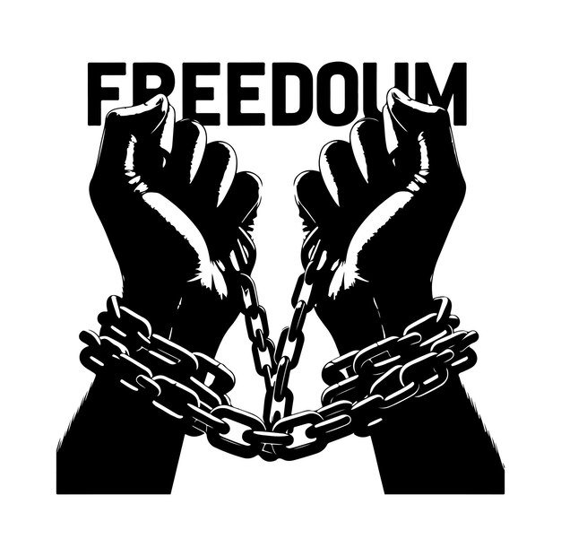 Vector a pair of hands chained to a chain with the text words freedom a pair of hand in handcuff vector