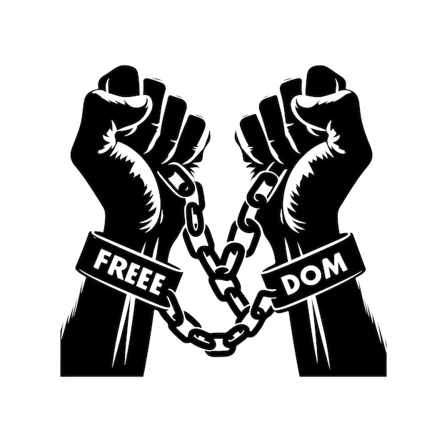 Vector a pair of hands chained to a chain with the text words freedom a pair of hand in handcuff vector