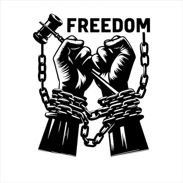 A pair of hands chained to a chain with the text words freedom silhouette vector