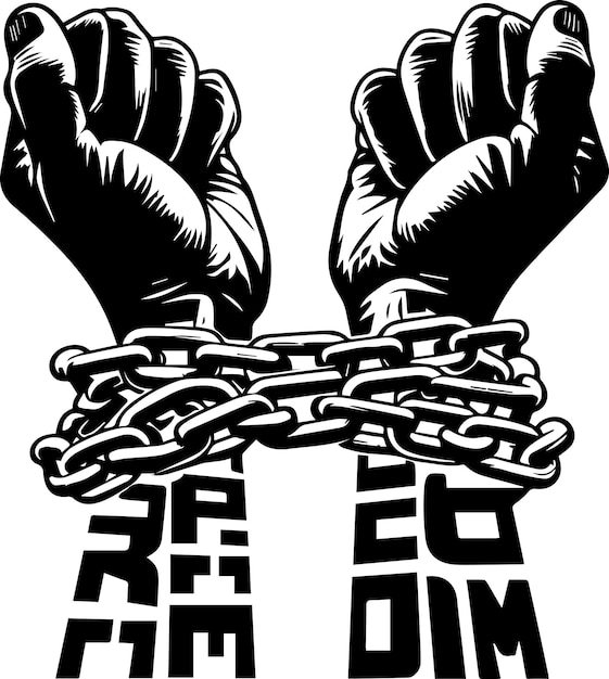 A pair of hands chained to a chain with the text words freedom vector silhouette 3