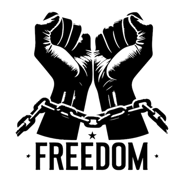 A pair of hands chained to a chain with the text words freedom vector