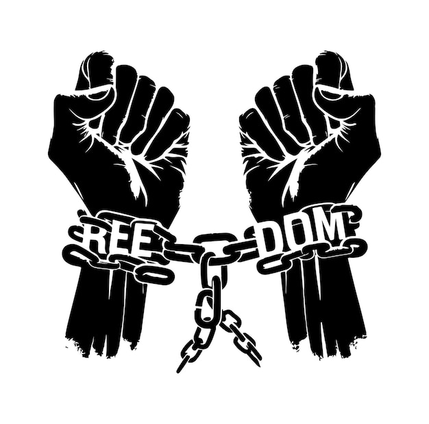 A pair of hands chained to a chain with the text words freedom vector