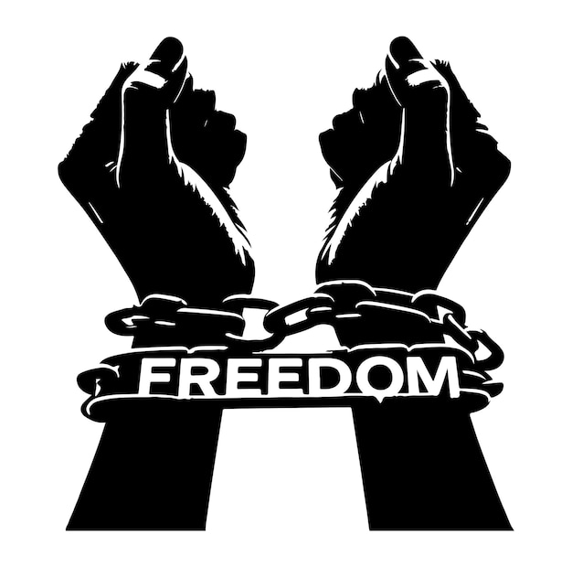 A pair of hands chained to a chain with the text words freedom vector