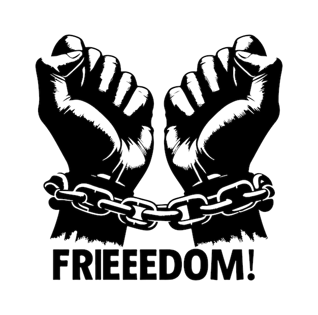 A pair of hands chained to a chain with the text words freedom vector
