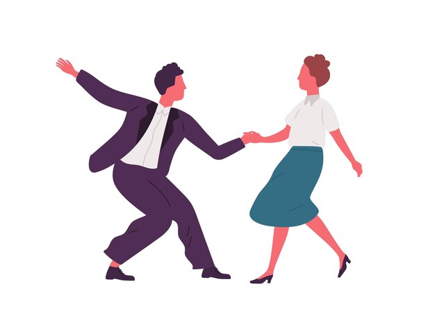 Pair Holding Hands And Dancing Lindy Hop Dance Together. Party Time In Retro Rock N Roll Style. Swing Dancers Couple In 1940s Style Clothing. Flat Vector Illustration Isolated On White Background.