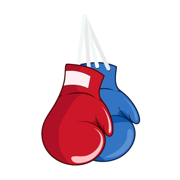 пара подвешенных боксерских перчаток красного и синего цвета в стиле мультфильма для спортивных соревнований дизайн на белом