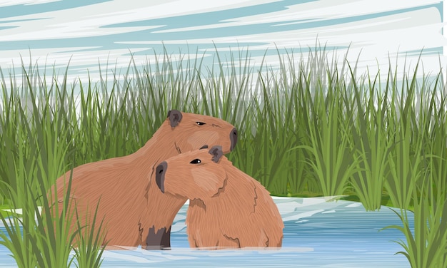 A pair of large capybaras are sitting in a pond Shore of a pond with tall grass