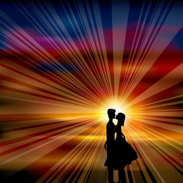 A pair of lovers kissed in the sunset. the background uses the mesh gradient tool.