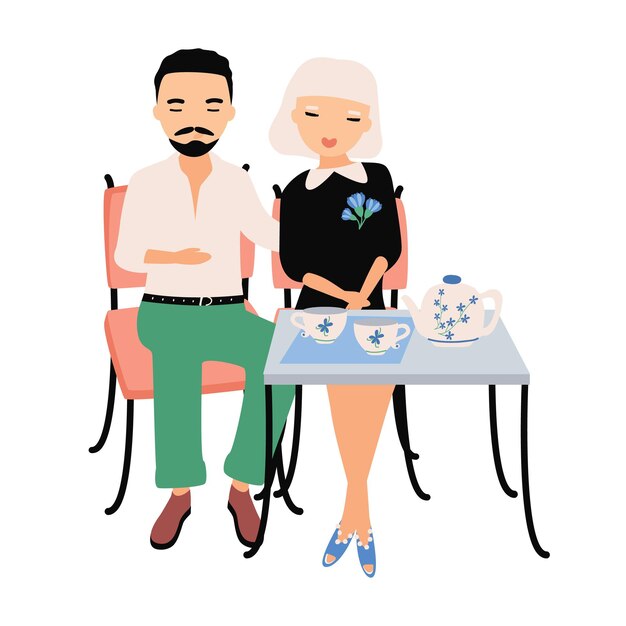 Pair of male and female cartoon characters dressed in elegant clothing sitting at table, cuddling and drinking tea. man and woman on romantic date at cafe. colorful vector illustration in flat style