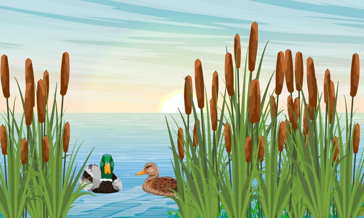 Vector a pair of mallard ducks swim in the river in the reeds wild waterfowl anas platyrhynchos