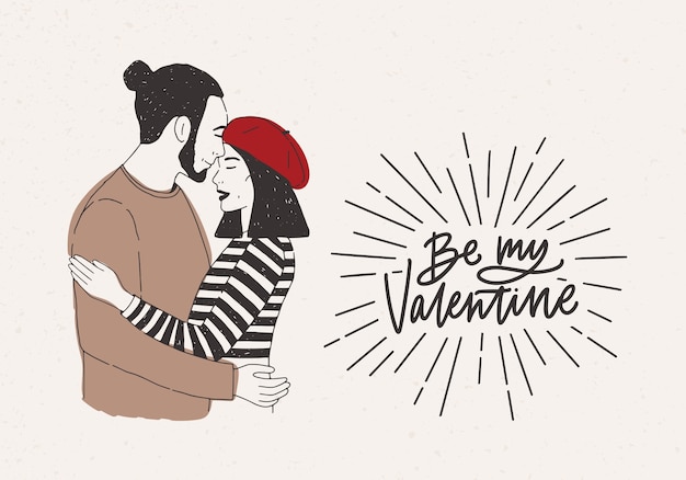 Vector pair of man and woman in love and be my valentine holiday inscription.