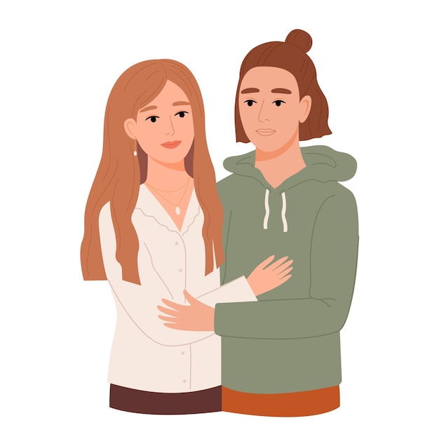 Vector pair of man and woman in love cute young couple hugging or cuddling