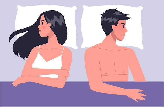 Pair of man and woman lying turned away in bed. Concept of sexual or intimate problem between romantic partners. Sexual disfunction, and behavior misunderstanding.   