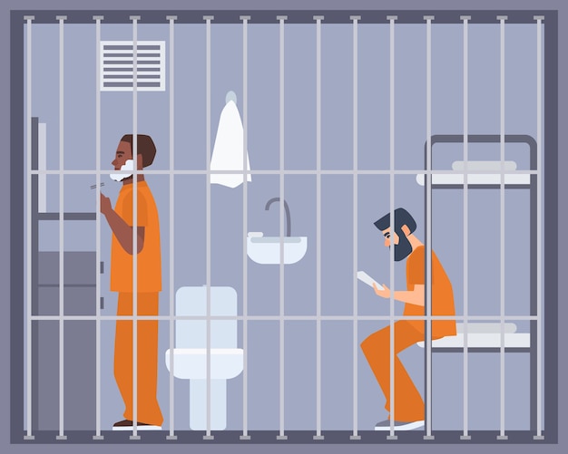 Vector pair of men in prison, jail or detention center room.