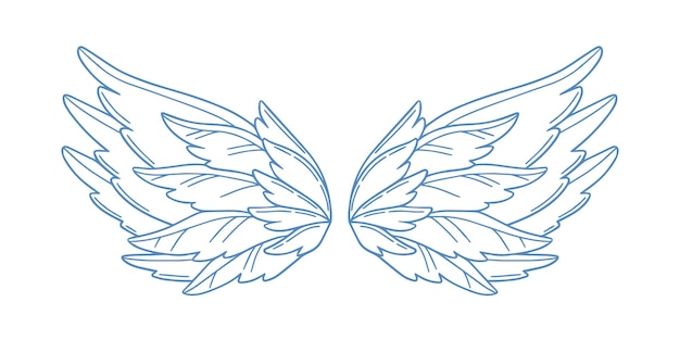 Vector pair of monochrome wide open holy wings vector illustration. gorgeous feather wing of bird, cupid or angel isolated on white background. symbol of heaven and paradise.
