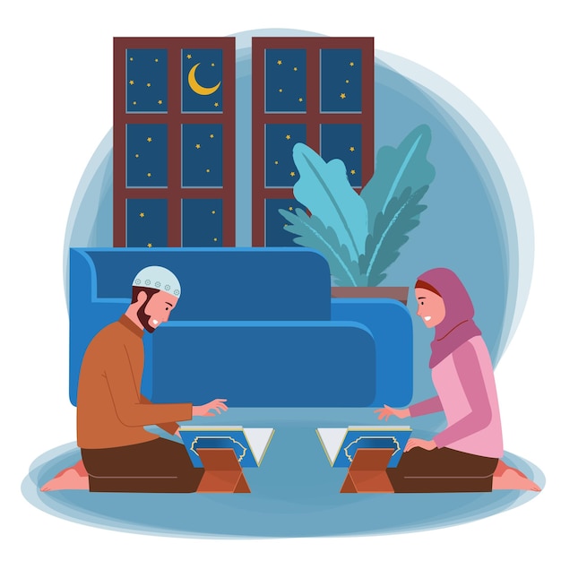 한 쌍의 이슬람 남성과 여성이 밤에 집에서 꾸란을 읽고 있습니다