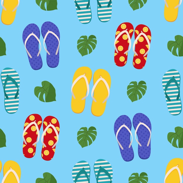 Вектор Пара пляжных тапочек летние шлепанцы бесшовный узор плоская векторная иллюстрация