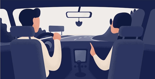 Vector pair of people sitting on front seats of car moving along highway. automobile driver and passenger, back view. road journey, ride, trip. trendy colorful vector illustration in modern cartoon style.