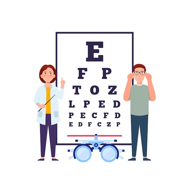 A pair of people stand in front of a large eye chart