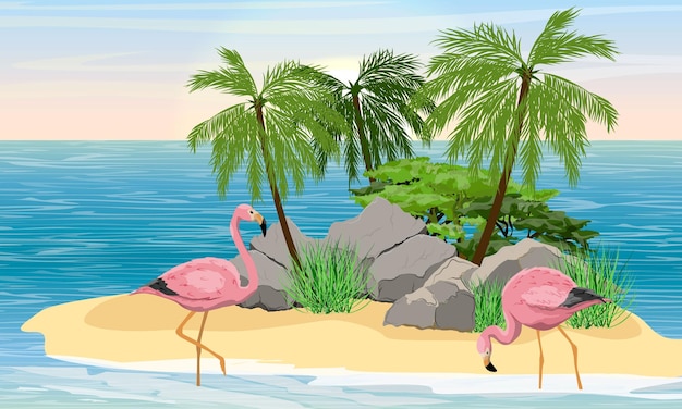 Pair of pink flamingos in the water near the coast of a small tropical island with stones and palm