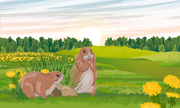 Pair of prairie dogs in a green field with blooming yellow dandelions Meadow in summer