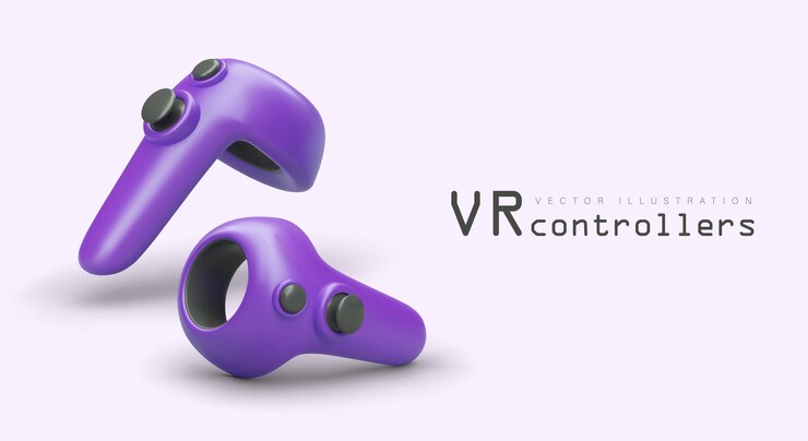 Pair of purple virtual reality controllers Modern game devices joystick of future