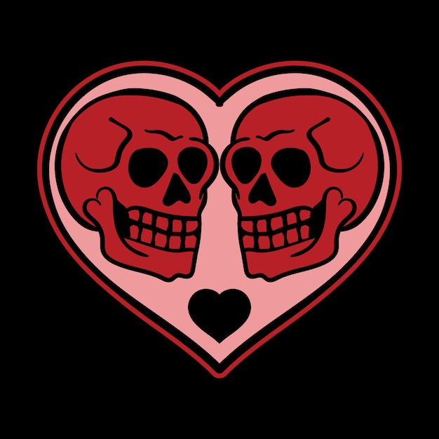 A pair of red skulls in a heart handdrawn illustration premium vector