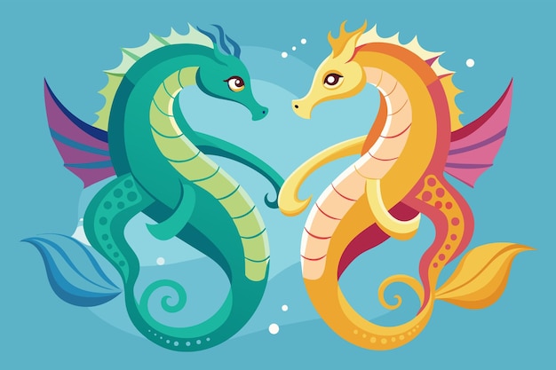 Vector a pair of seahorses entwined together in a delicate courtship dance their tails wrapped around each other as they swim in unison