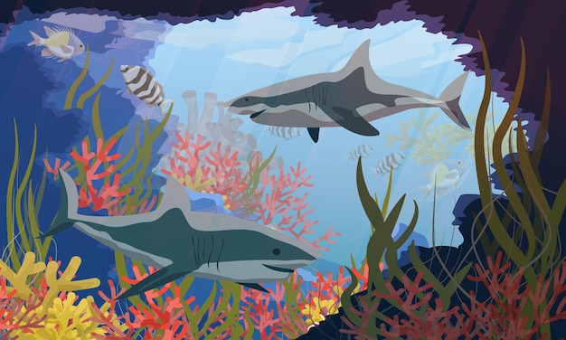 A pair of sharks in the sea near a coral reef and an underwater cave with algae and fish