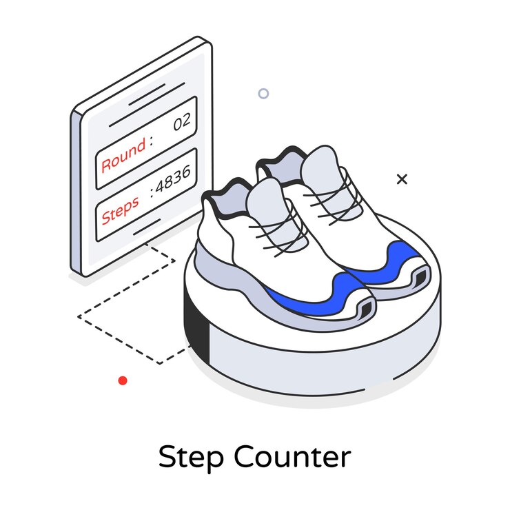 Vector a pair of shoes are on a wall that says step counter.