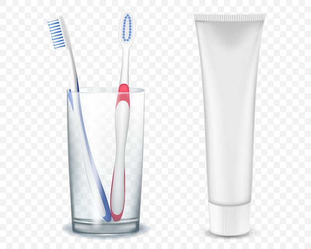 Vector pair of toothbrushes in a glass cup with a tube of toothpaste isolated on transparent background, realistic 3d vector illustration