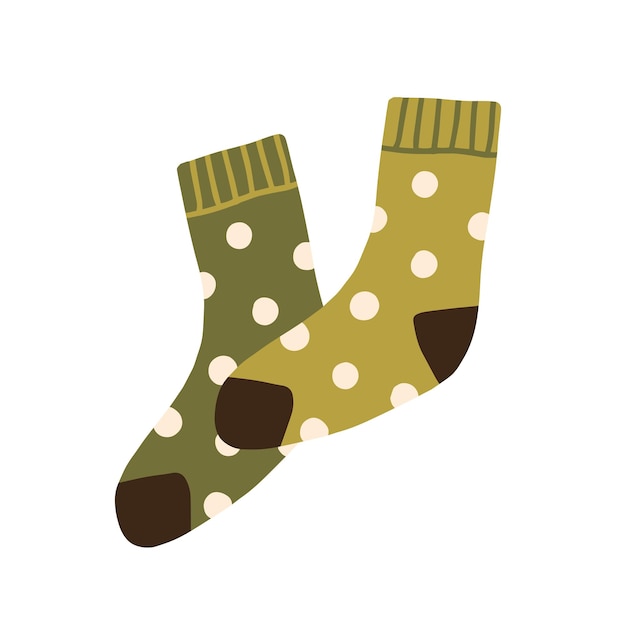 Pair of warm wool socks with polka dot pattern. winter woolen feet clothes. cute cozy cotton foot apparel. trendy hosiery design. flat vector illustration isolated on white background.