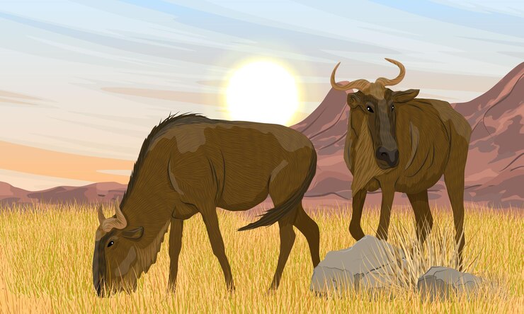 A pair of Wildebeest stand in tall dry grass in the African savannah at the foot of the mountains